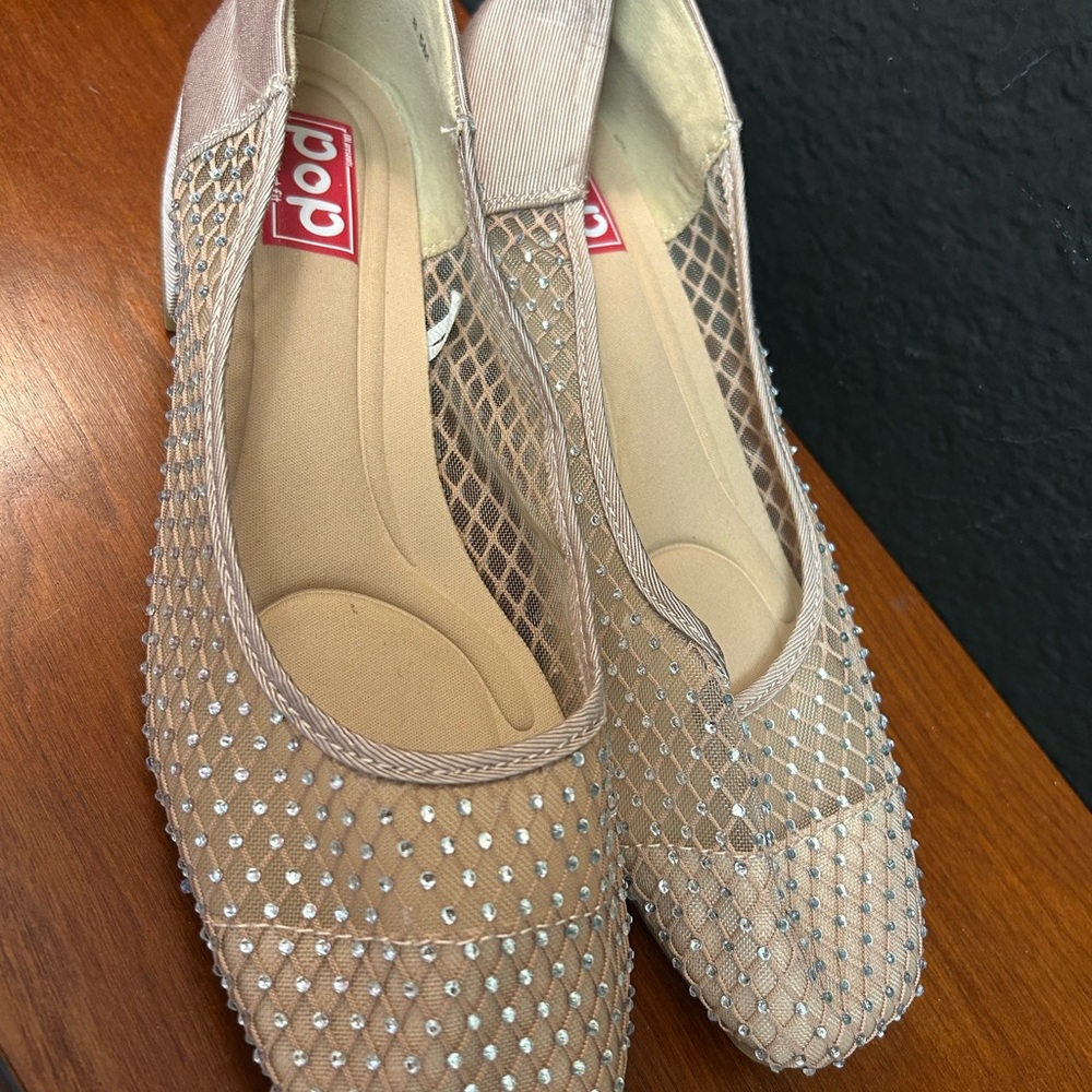 pop Nude Mesh Ballet Flats with Crystal Accents